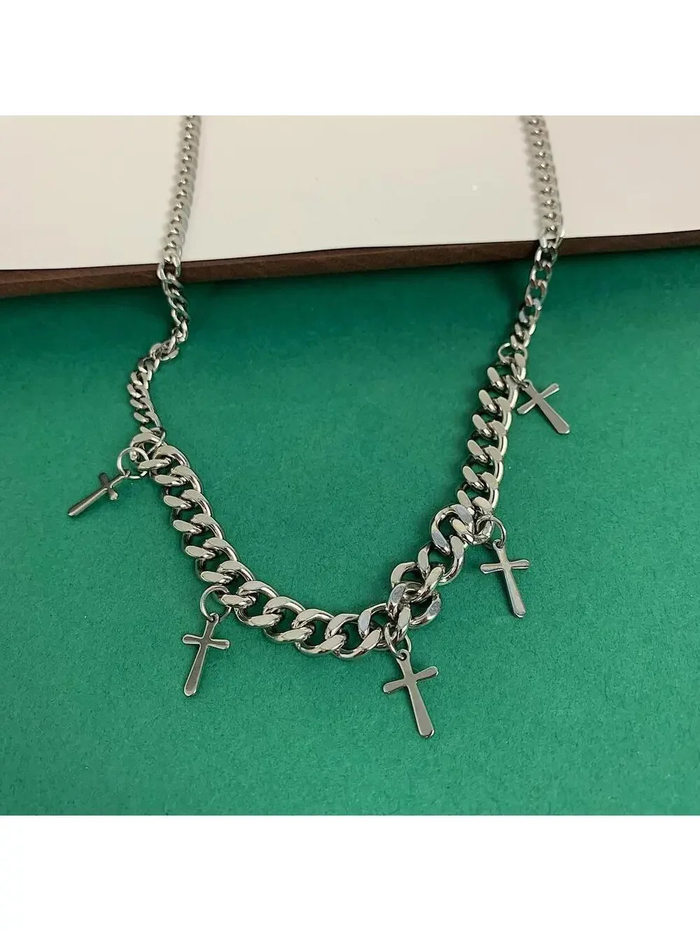 Stainless steel Cyber y2k 2000s style Multi Cross Cuban Link Necklace. 22.5
